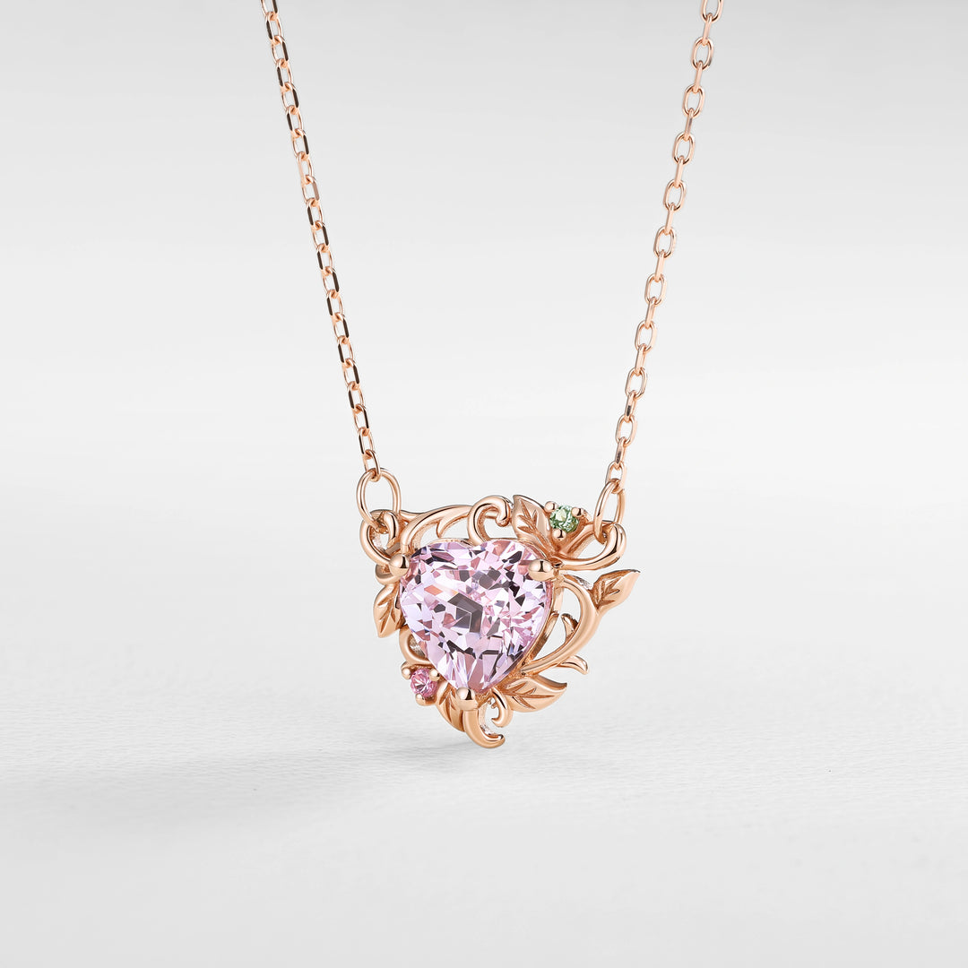 Nature Inspired Heart Cut Lab Pink Sapphire Vine Pendant Necklace