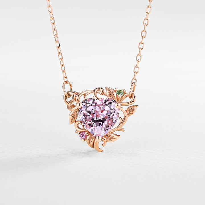 Nature Inspired Heart Cut Lab Pink Sapphire Vine Pendant Necklace