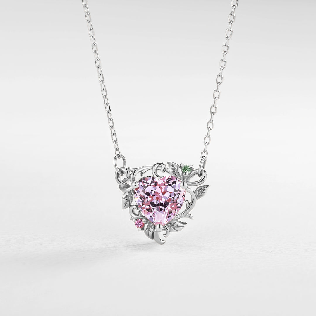 Nature Inspired Heart Cut Lab Pink Sapphire Vine Pendant Necklace