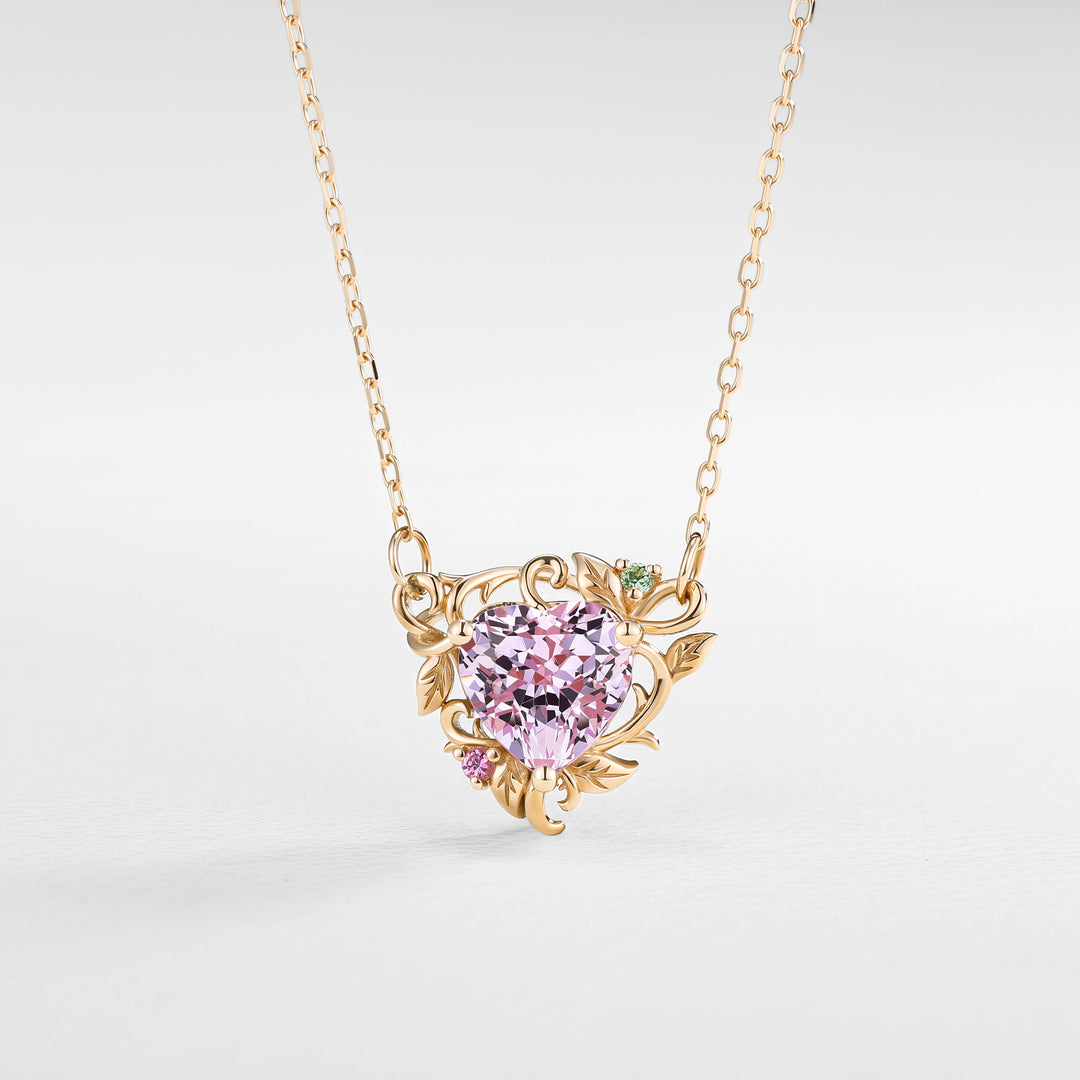 Nature Inspired Heart Cut Lab Pink Sapphire Vine Pendant Necklace