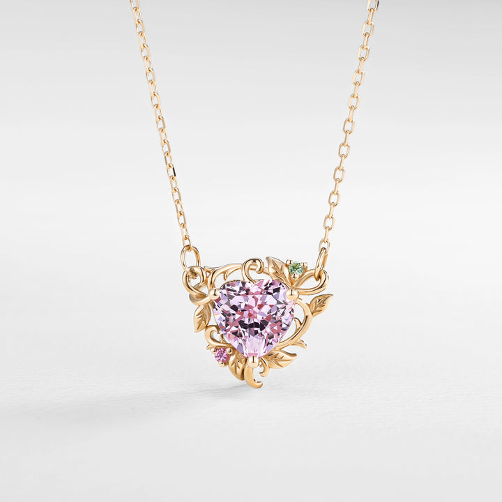 Nature Inspired Heart Cut Lab Pink Sapphire Vine Pendant Necklace