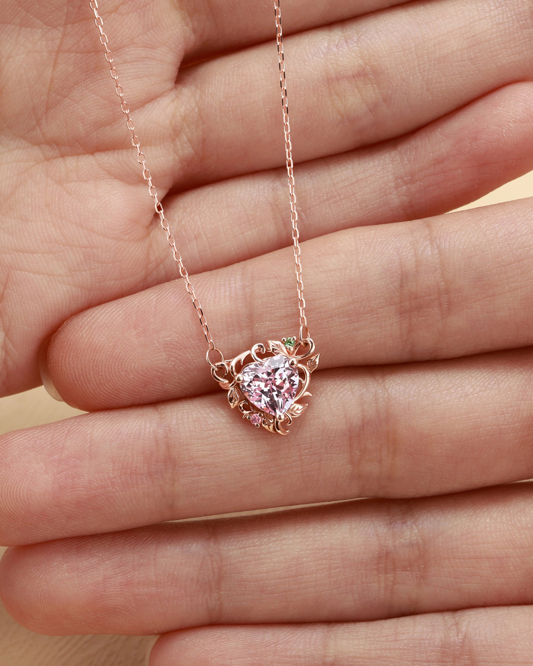 Nature Inspired Heart Cut Lab Pink Sapphire Vine Pendant Necklace