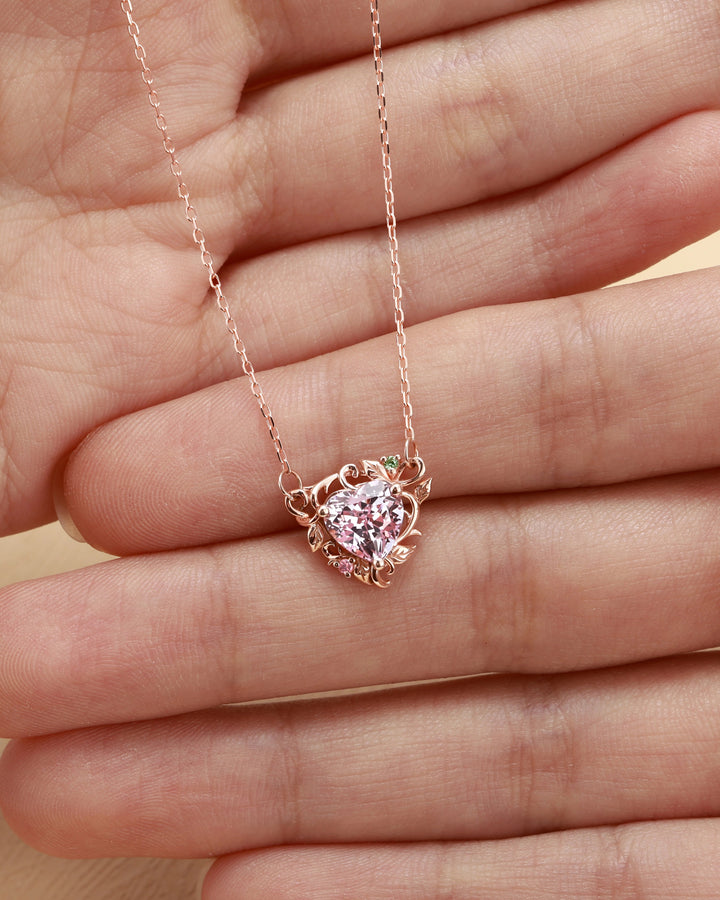 Nature Inspired Heart Cut Lab Pink Sapphire Vine Pendant Necklace