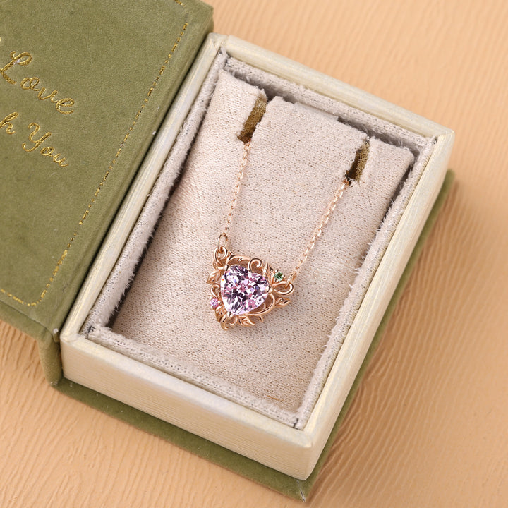 Nature Inspired Heart Cut Lab Pink Sapphire Vine Pendant Necklace