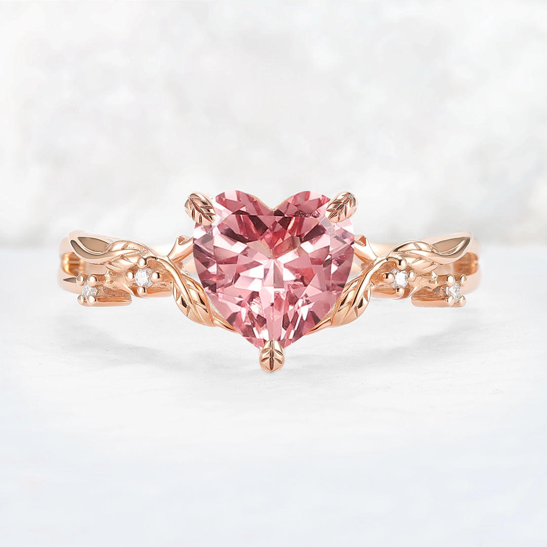 Nature-Inspired Heart Cut Pink Padparadscha Leafy Gemstone Ring
