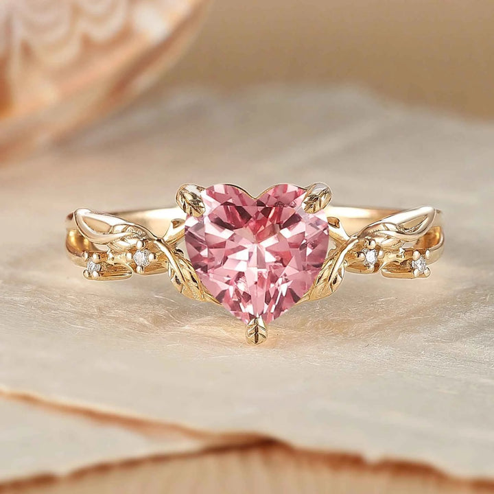 Fire Cut Heart Shaped Pink Sapphire Leafy Gemstone Ring
