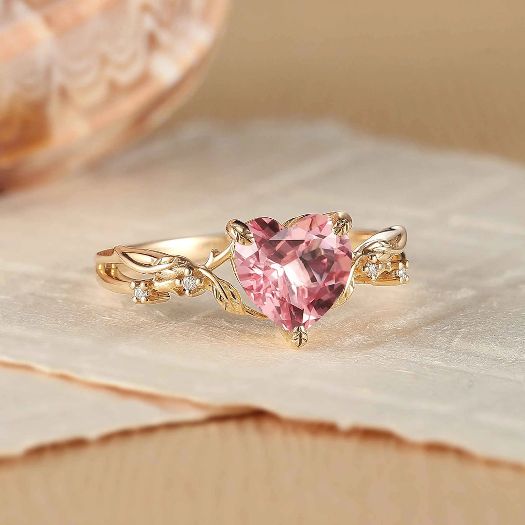 Fire Cut Heart Shaped Pink Sapphire Leafy Gemstone Ring