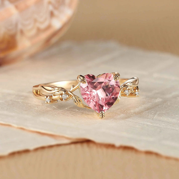Fire Cut Heart Shaped Pink Sapphire Leafy Gemstone Ring