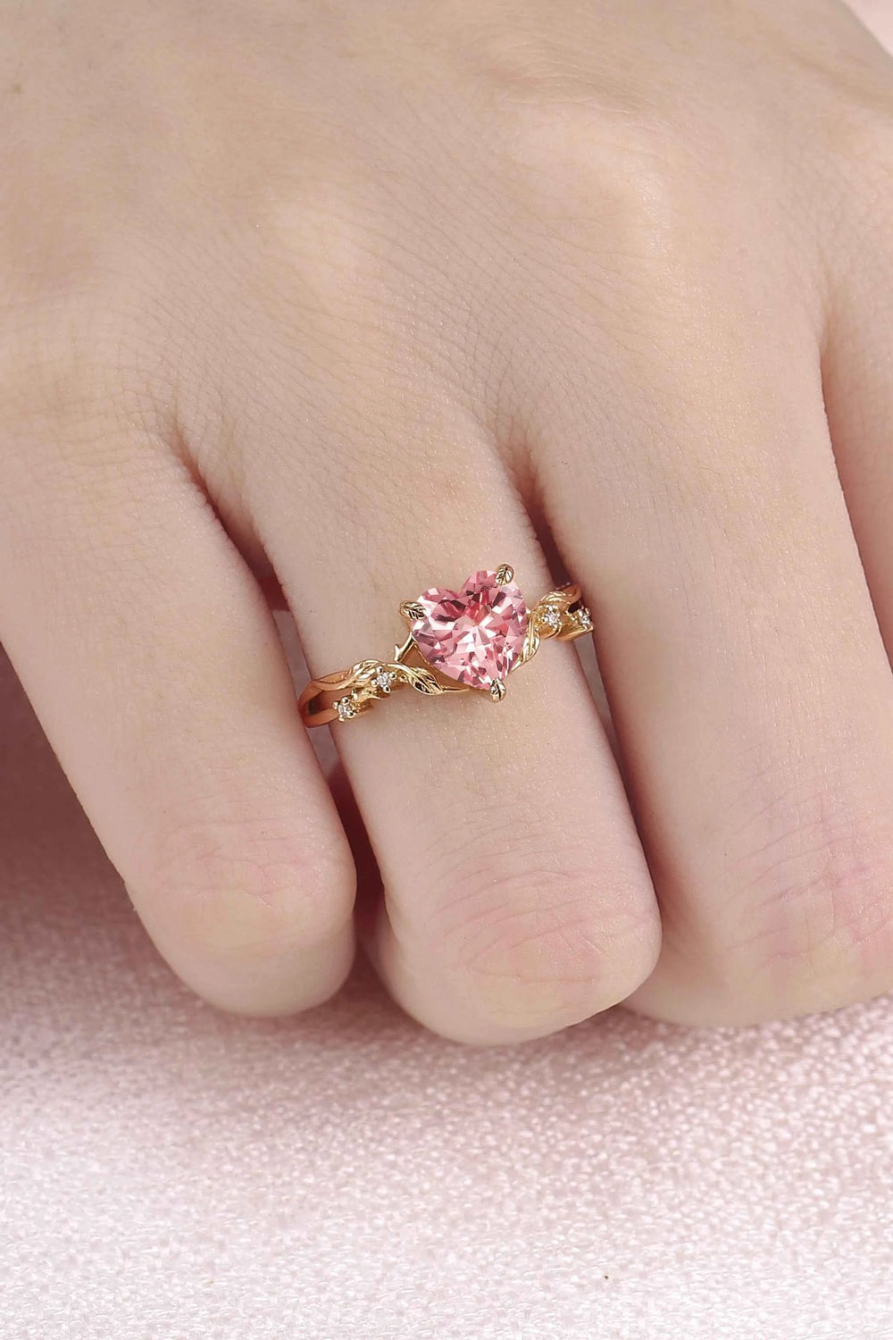 Fire Cut Heart Shaped Pink Sapphire Leafy Gemstone Ring