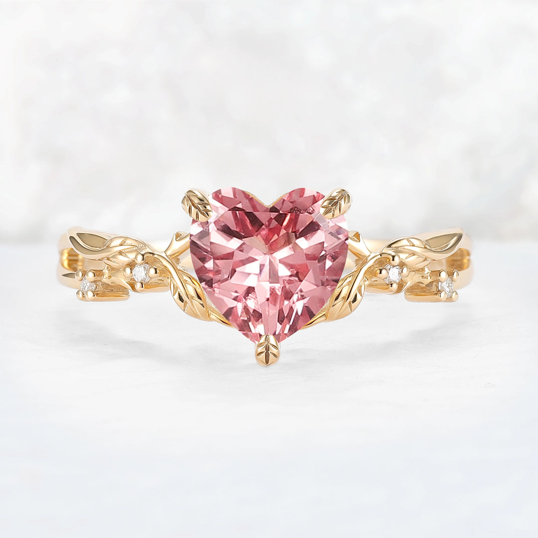 Nature Inspired Heart Cut Pink Sapphire Leafy Gemstone Ring