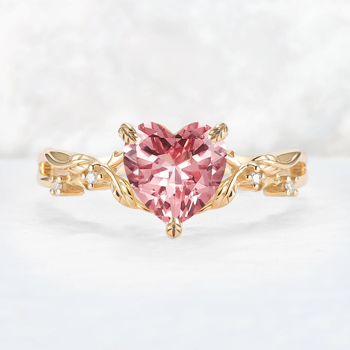 Nature Inspired Heart Cut Pink Sapphire Leafy Gemstone Ring