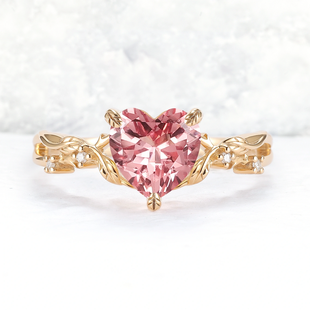 Fire Cut Heart Shaped Pink Sapphire Leafy Gemstone Ring