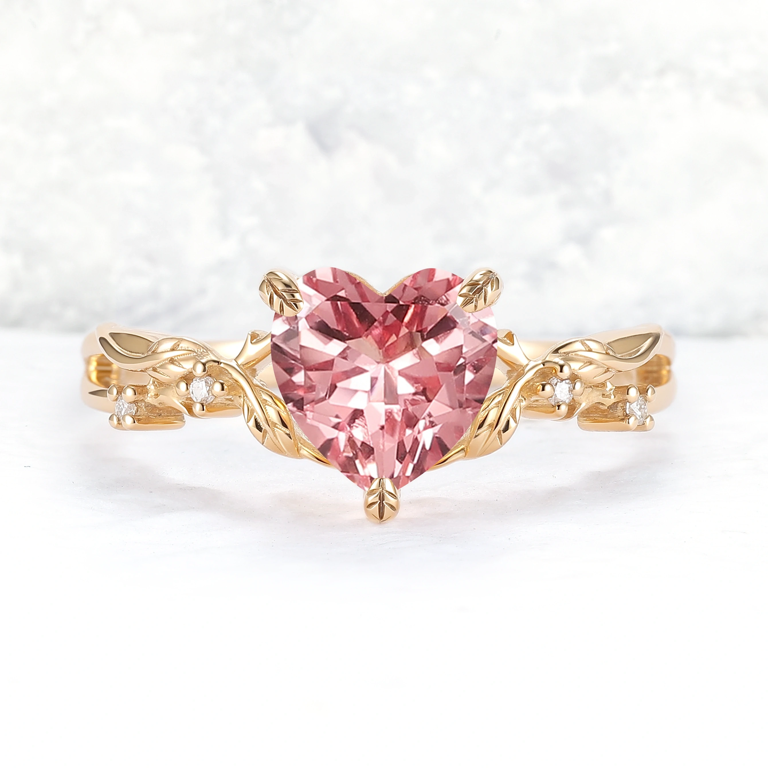 Fire Cut Heart Shaped Pink Sapphire Leafy Gemstone Ring