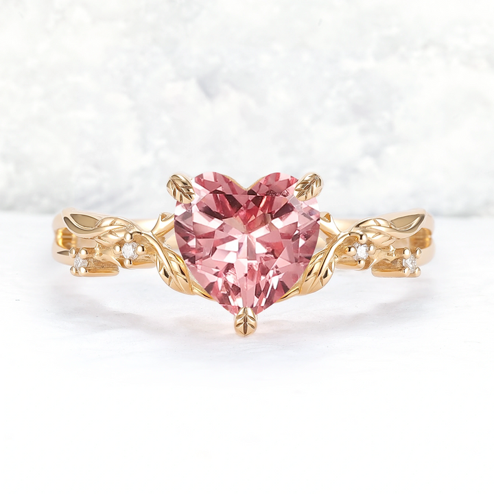Fire Cut Heart Shaped Pink Sapphire Leafy Gemstone Ring