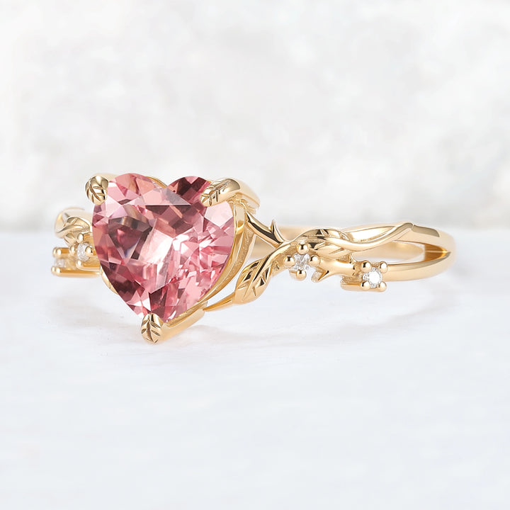 Nature Inspired Heart Cut Pink Sapphire Leafy Gemstone Ring