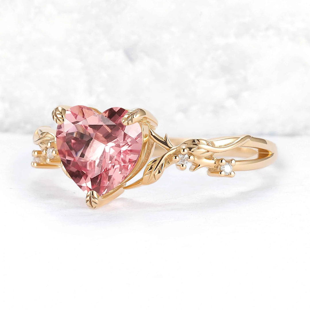 Fire Cut Heart Shaped Pink Sapphire Leafy Gemstone Ring