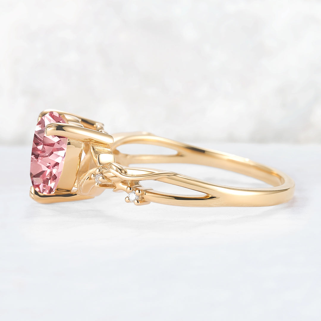 Nature Inspired Heart Cut Pink Sapphire Leafy Gemstone Ring