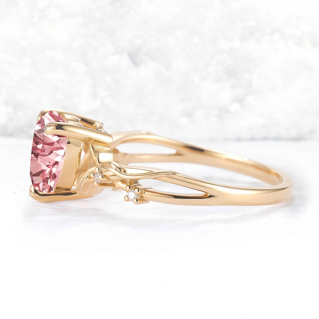 Fire Cut Heart Shaped Pink Sapphire Leafy Gemstone Ring
