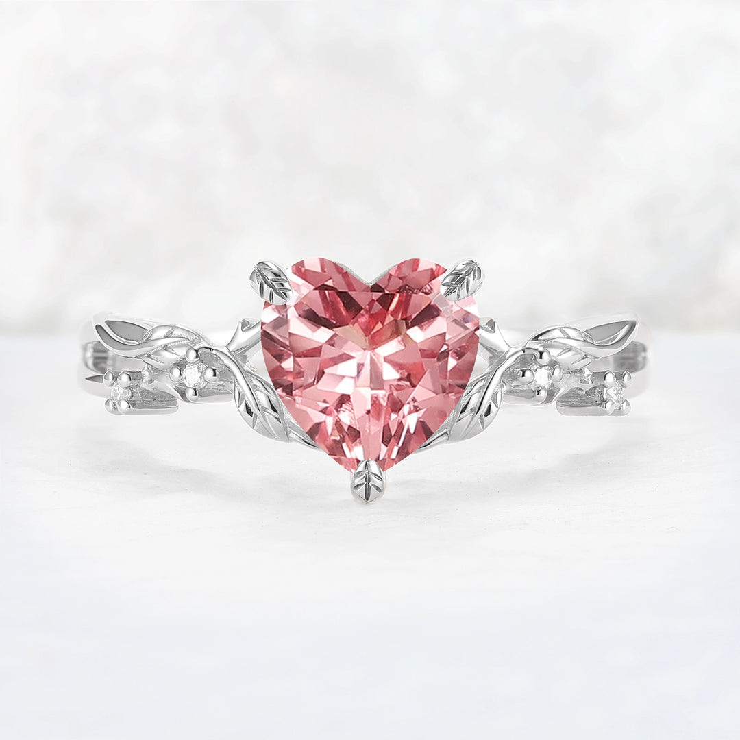 Nature Inspired Heart Cut Pink Sapphire Leafy Gemstone Ring