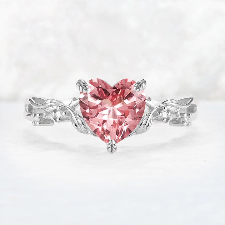 Nature Inspired Heart Cut Pink Sapphire Leafy Gemstone Ring