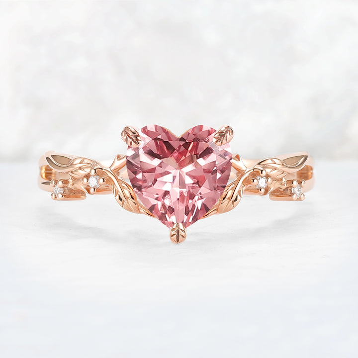 Nature Inspired Heart Cut Pink Sapphire Leafy Gemstone Ring
