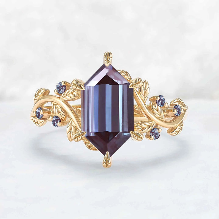 Nature Inspired Hexagon Cut Alexandrite Leafy Engagament Ring