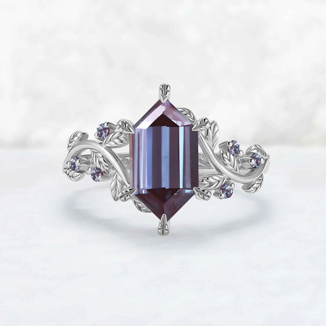 Nature Inspired Hexagon Cut Alexandrite Leafy Engagament Ring