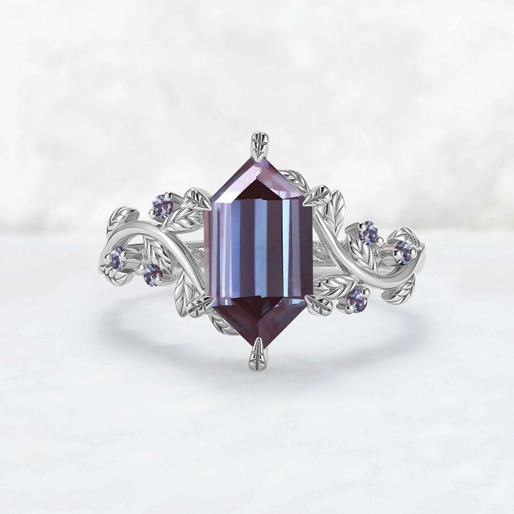 Nature Inspired Hexagon Cut Alexandrite Leafy Engagament Ring