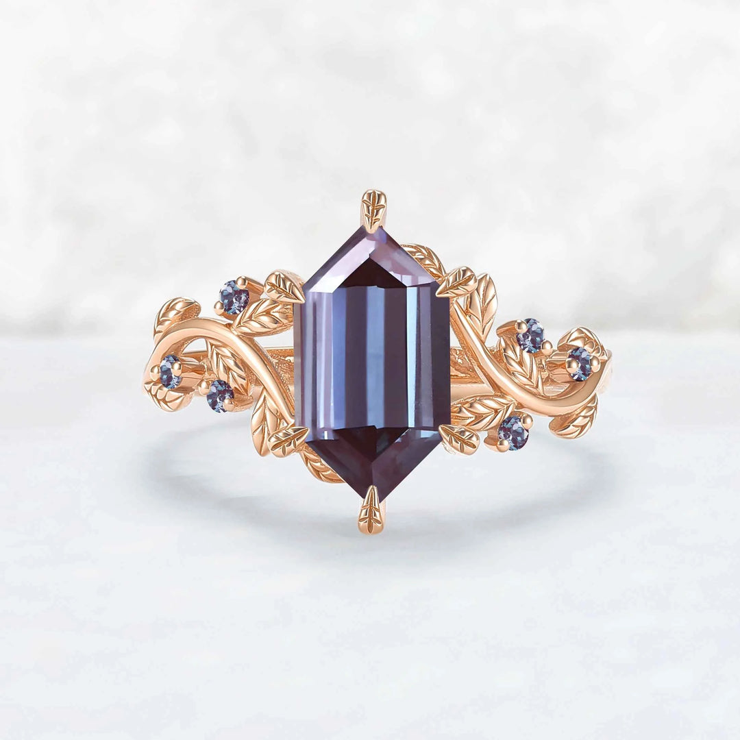 Nature Inspired Hexagon Cut Alexandrite Leafy Engagament Ring