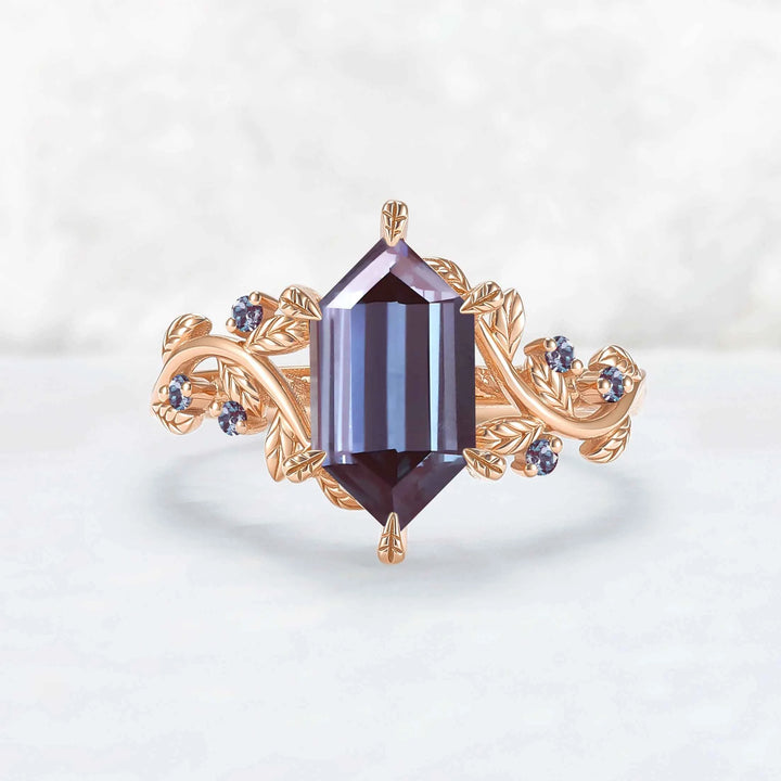Nature Inspired Hexagon Cut Alexandrite Leafy Engagament Ring