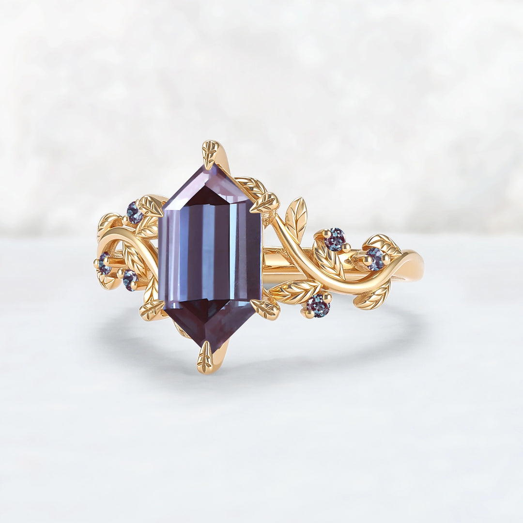 Nature Inspired Hexagon Cut Alexandrite Leafy Engagament Ring