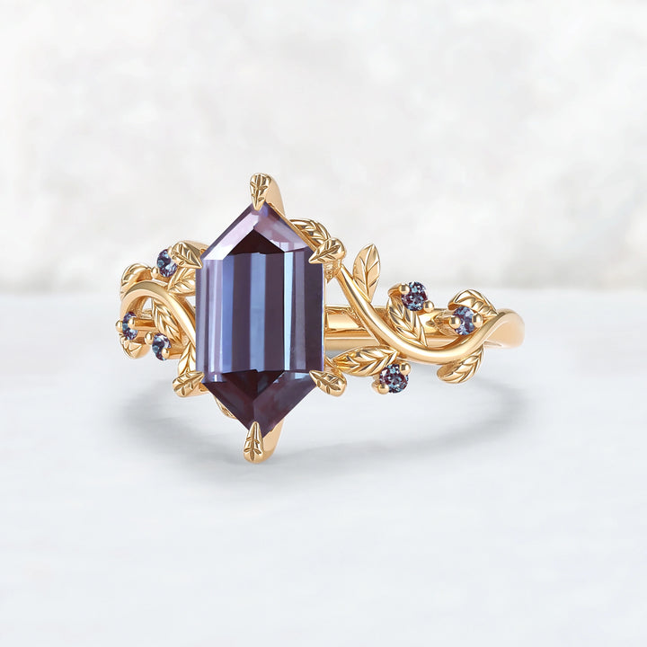 Nature Inspired Hexagon Cut Alexandrite Leafy Engagament Ring