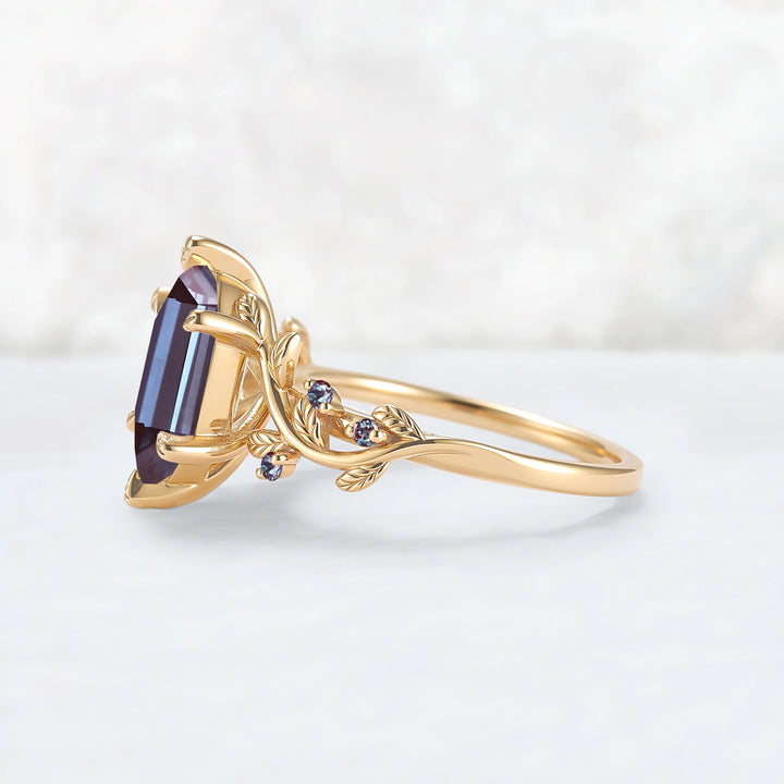Nature Inspired Hexagon Cut Alexandrite Leafy Engagament Ring
