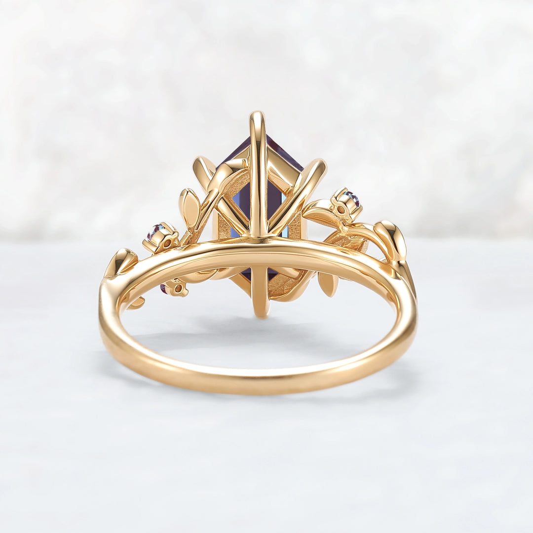 Nature Inspired Hexagon Cut Alexandrite Leafy Engagament Ring