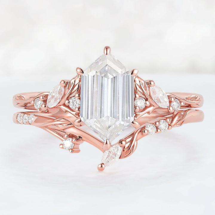 Nature Inspired Hexagon Cut Moissanite Leaf Engagement Ring Set 2pcs - Iver Jewelry
