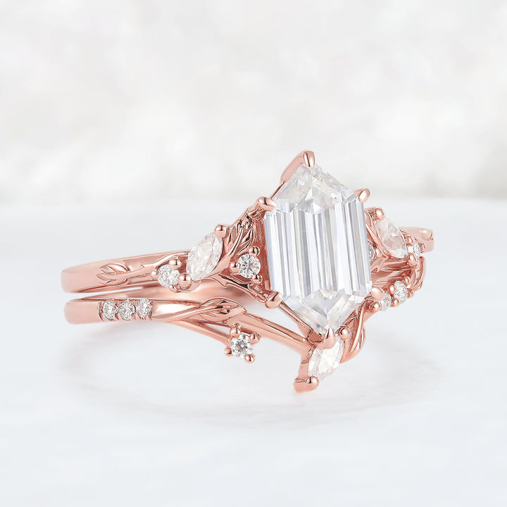 Nature Inspired Hexagon Cut Moissanite Leaf Engagement Ring Set 2pcs - Iver Jewelry