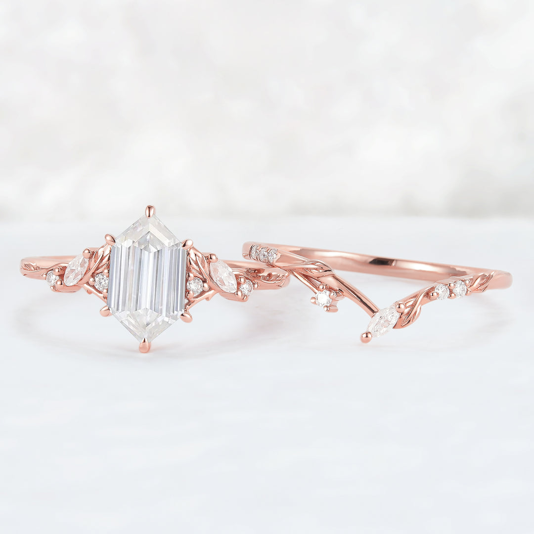 Nature Inspired Hexagon Cut Moissanite Leaf Engagement Ring Set 2pcs - Iver Jewelry