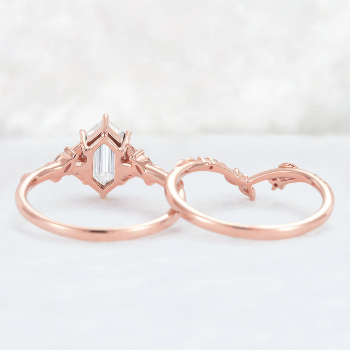 Nature Inspired Hexagon Cut Moissanite Leaf Engagement Ring Set 2pcs - Iver Jewelry