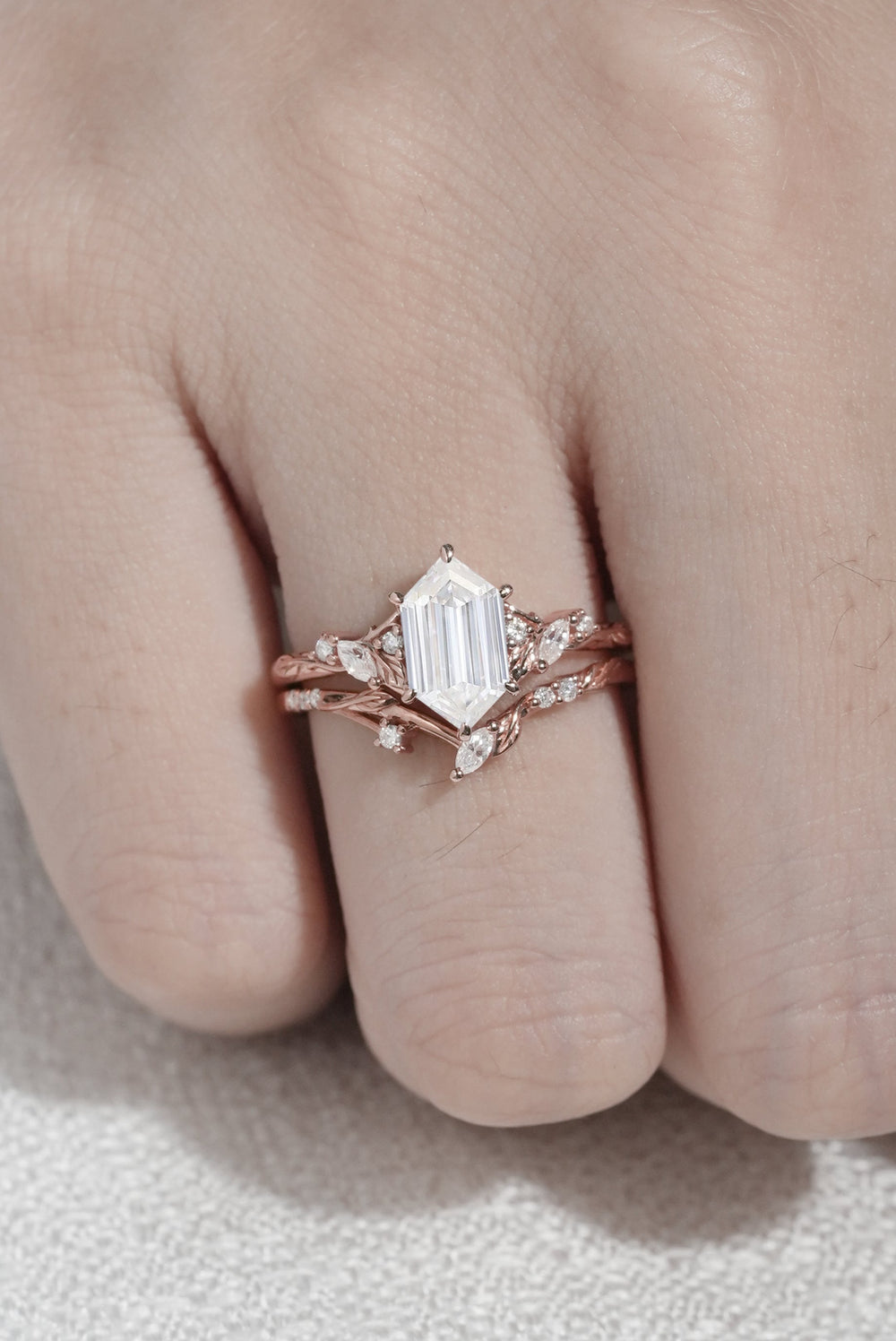Nature Inspired Hexagon Cut Moissanite Leaf Engagement Ring Set 2pcs