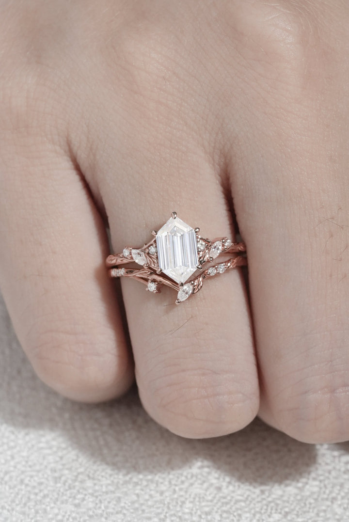 Nature Inspired Hexagon Cut Moissanite Leaf Engagement Ring Set 2pcs