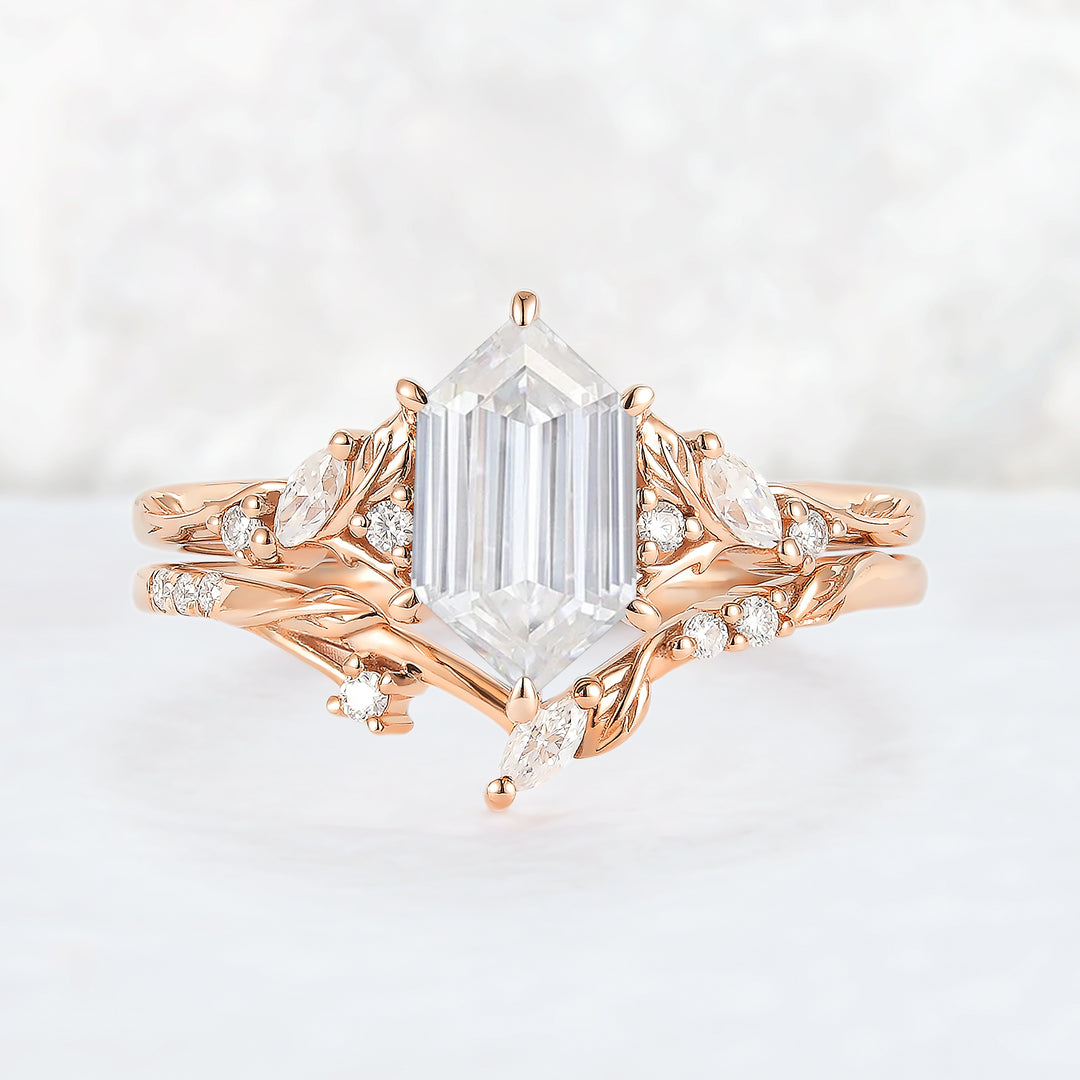 Nature Inspired Hexagon Cut Moissanite Leaf Gemstone Ring Set 2pcs