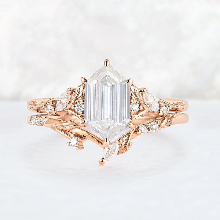 Nature Inspired Hexagon Cut Moissanite Leaf Gemstone Ring Set 2pcs