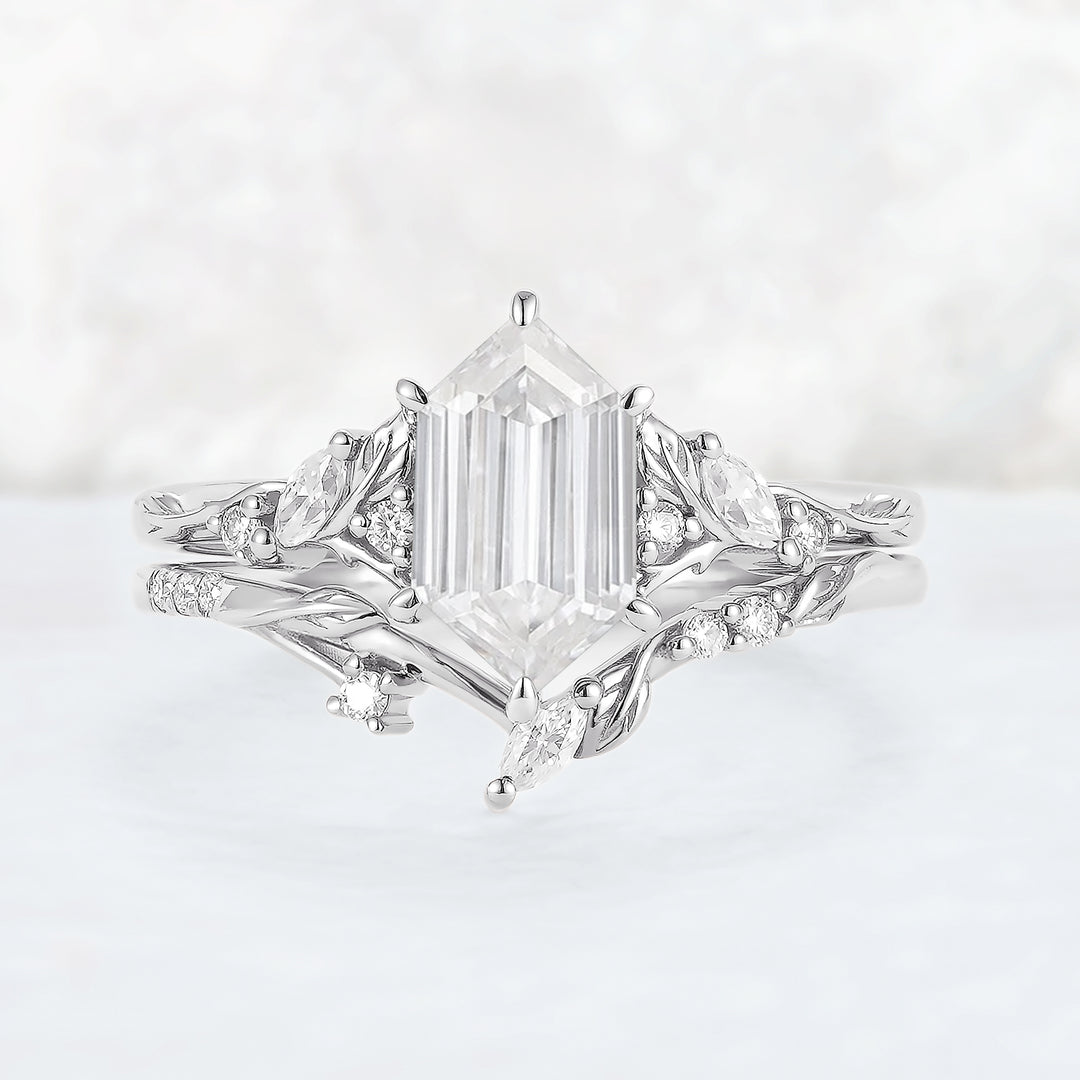 Nature Inspired Hexagon Cut Moissanite Leaf Gemstone Ring Set 2pcs