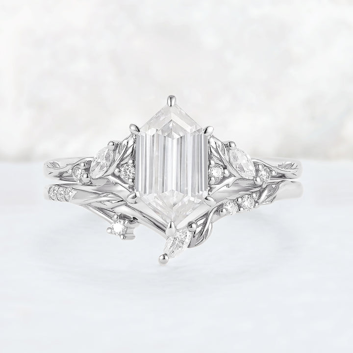Nature Inspired Hexagon Cut Moissanite Leaf Gemstone Ring Set 2pcs