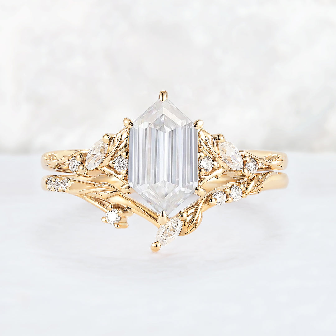 Nature Inspired Hexagon Cut Moissanite Leaf Gemstone Ring Set 2pcs