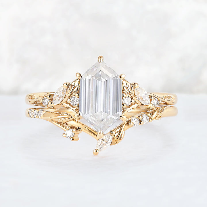 Nature Inspired Hexagon Cut Moissanite Leaf Gemstone Ring Set 2pcs