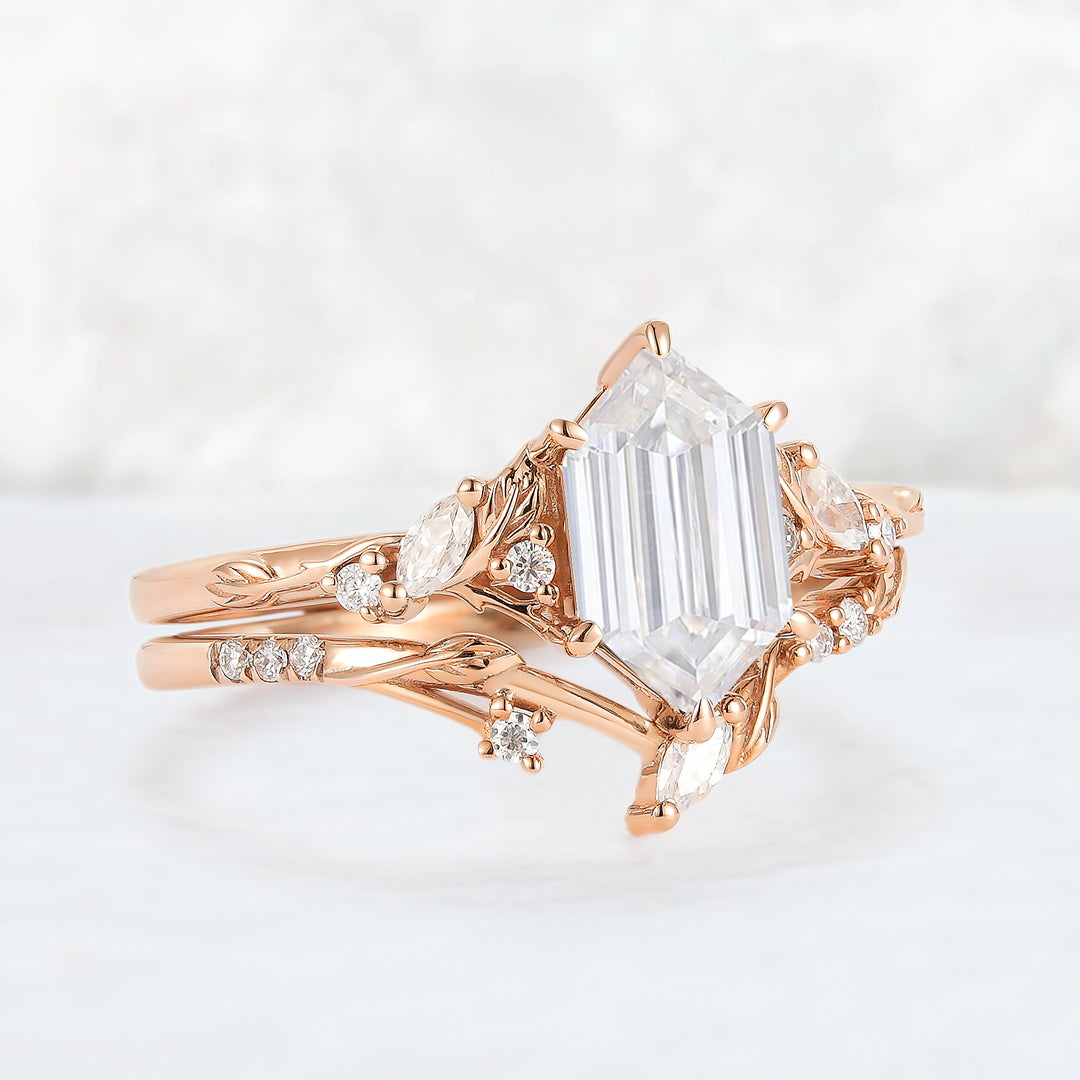 Nature Inspired Hexagon Cut Moissanite Leaf Gemstone Ring Set 2pcs