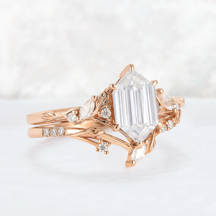 Nature Inspired Hexagon Cut Moissanite Leaf Gemstone Ring Set 2pcs