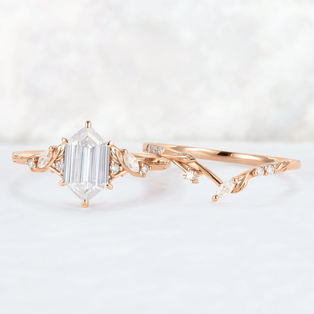 Nature Inspired Hexagon Cut Moissanite Leaf Gemstone Ring Set 2pcs