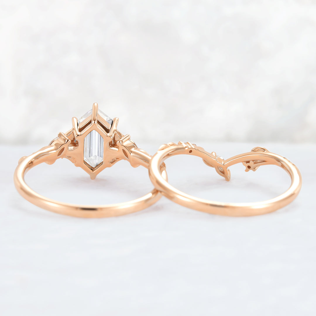 Nature Inspired Hexagon Cut Moissanite Leaf Gemstone Ring Set 2pcs